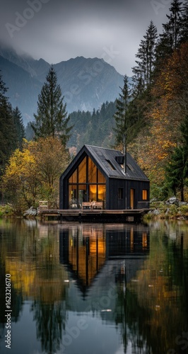 Cabin on a lake, autumnal scenery