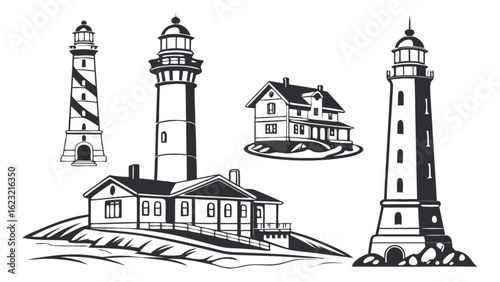 Illustration of three lighthouses and two houses in black and white line drawing style vector design