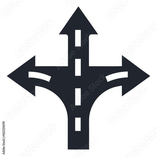 A dark gray directional arrow symbol indicating multiple paths and choices against a black background
