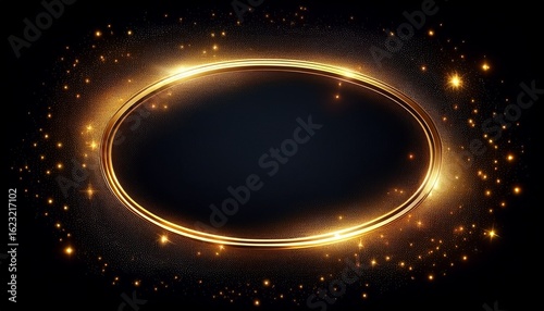 glowing golden oval frame with sparkling particles on black background