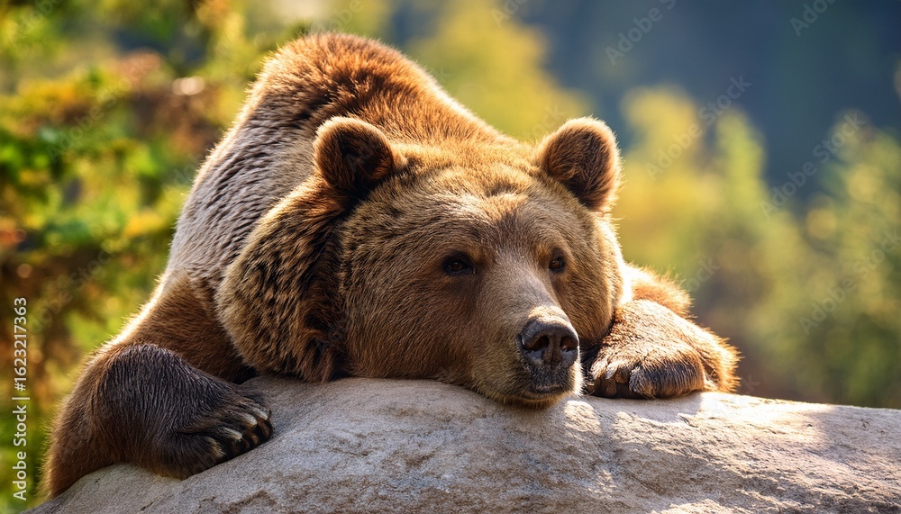 Fototapeta premium a syrian brown bear relaxes on a big rock while savoring a beautiful day in the zoo