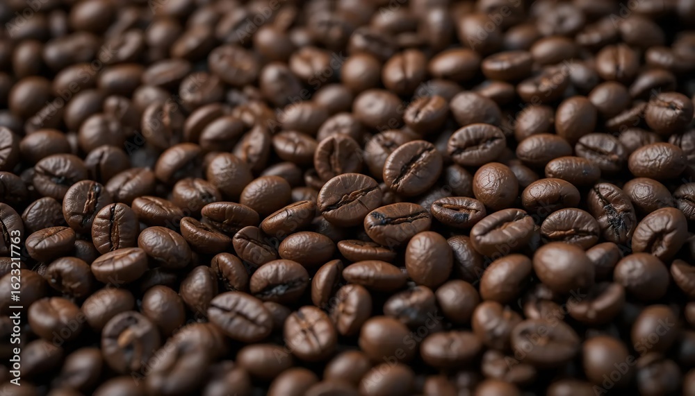 Fototapeta premium Close-up texture of roasted coffee beans, full frame, macro photography, sharp lighting, deep brown tones.