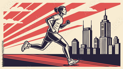 Illustration of a woman running in front of a city skyline with a striped background and clouds