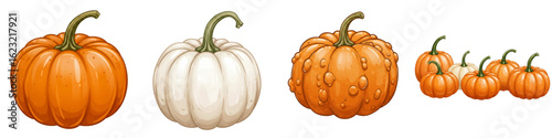 Set of isolated pumpkins in various colors and sizes, Pumpkin Picking  