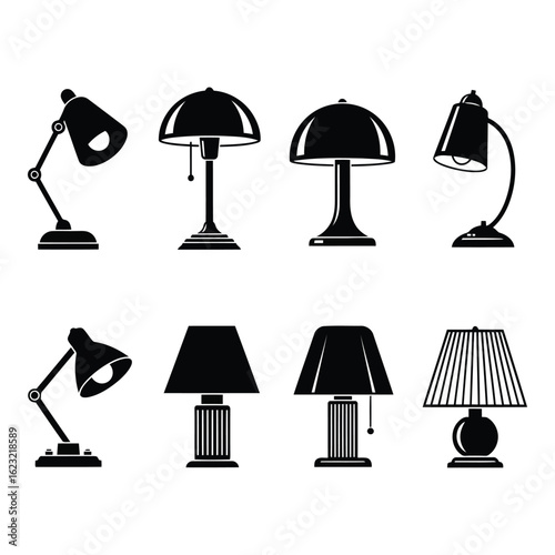 Art of collection of eight different desk and table lamps in black and white, isolated on white background