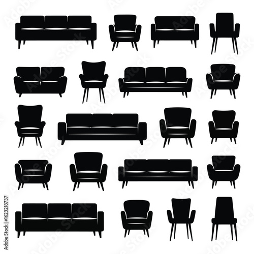 Art of collection of various black sofa and armchair silhouettes isolated on white background