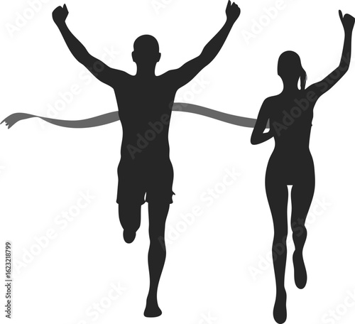 Silhouette of a Man and Woman Crossing the Finish Line in a Race