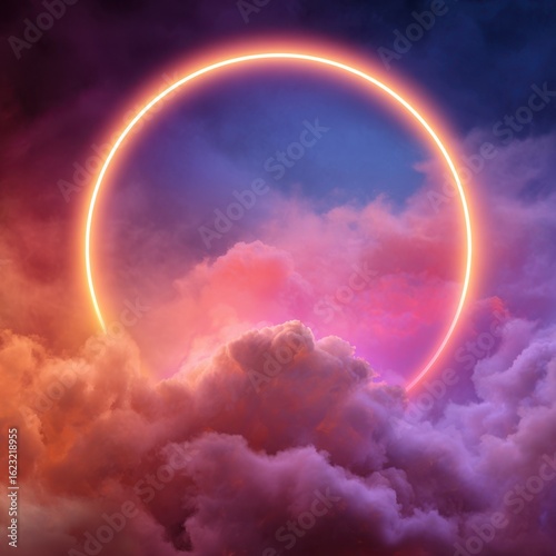 Vibrant neon ring illuminates dreamy cloudscape with cosmic hues