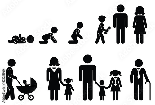 Stick Figure Illustration of Human Life Cycle from Baby to Elderly with Family Stages – Vector Design