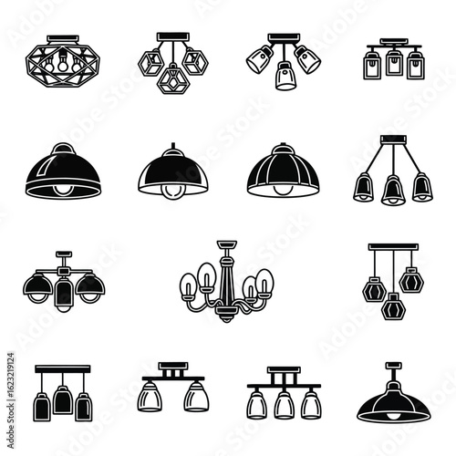 Art of collection of various ceiling light fixtures and lamps, isolated on white background