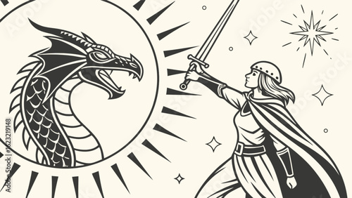 Woman with sword facing a dragon in a circle with sun rays and stars in a monochrome illustration