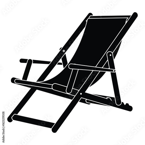 Art of black silhouette of a wooden beach deck chair with fabric seat, isolated on white background