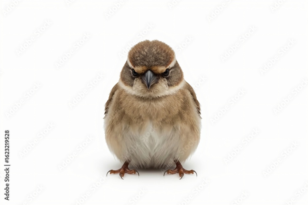 Fototapeta premium Studio shot of fluffy baby sparrow, white background, wildlife photography, website design