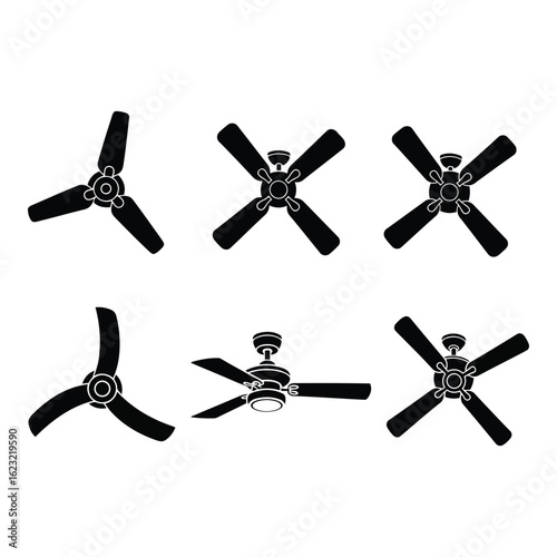 Art of collection of six different ceiling fan designs, isolated on white background