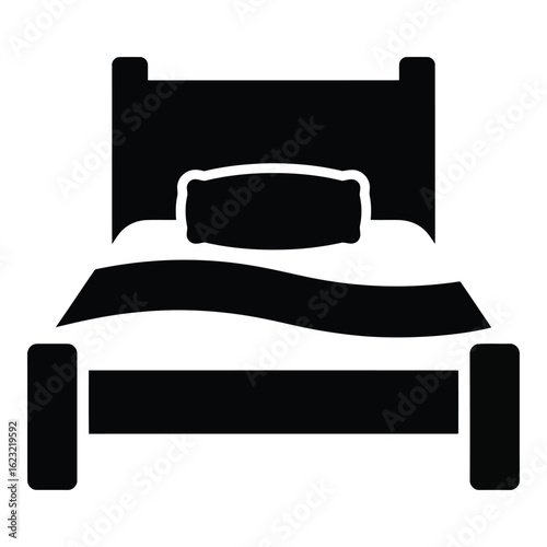 Art of simple black silhouette of a bed with a pillow and blanket, isolated on a white background