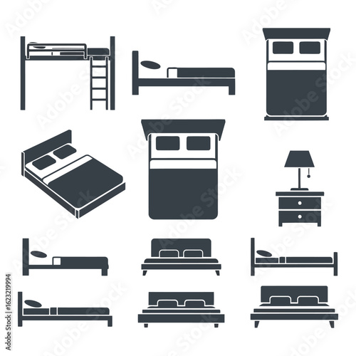 Art of collection of various bed types and bedroom furniture icons isolated on white background