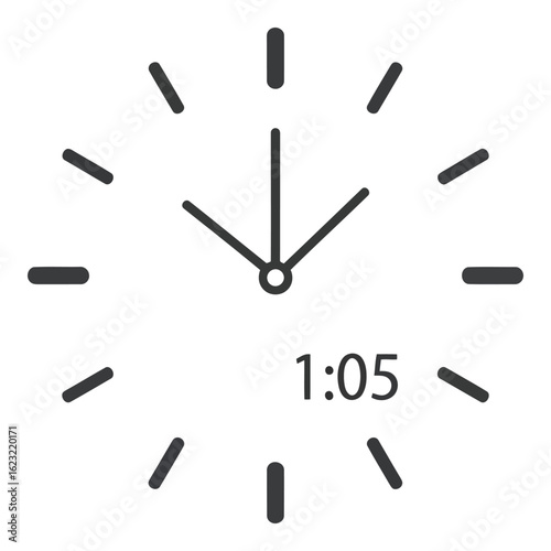 Art of minimalist analog clock face showing 105 isolated on white background, a simple and clean design representing time