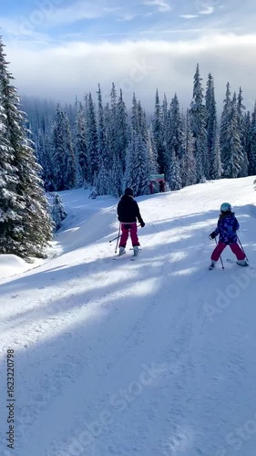 Skiing mother and daughter snowplow sunny blue bird day ski hill vertical video