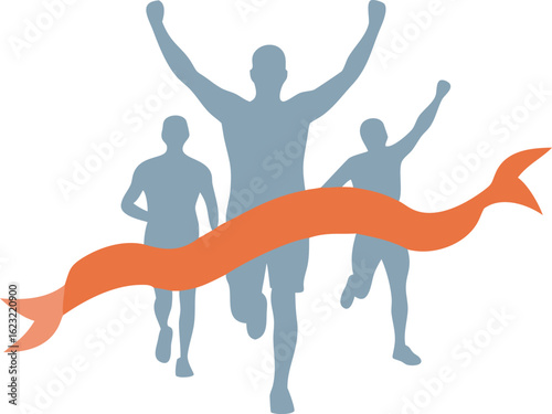 Winning Runners Crossing the Finish Line with Ribbon