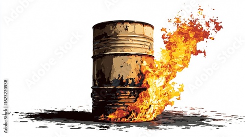 Intense Vector Drawing of Burning Oil Barrel on White Background