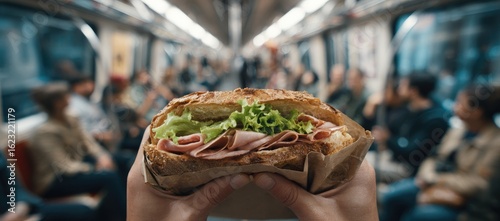 Subway commuter enjoys sandwich during travel
