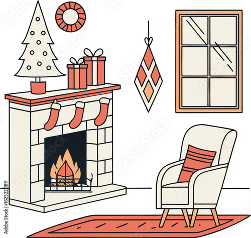 “Flat vector illustrations of cozy Christmas home interior – fireplace, decorated living room, stockings, gifts, candles, warm lighting – hygge style, muted cozy colors, modern vector design”
