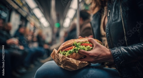 Woman eating sandwich on a crowded subway train