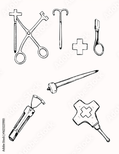 Illustration of various medical instruments including forceps and other specialized equipment tools shown