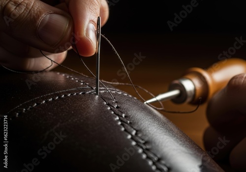 Artisan's Precision Hand-Stitching a Bespoke Leather Shoe Close-up showing needle, thread, and detailed craftsmanship. Focus on quality.