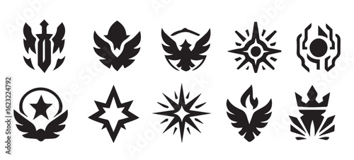 black vector badges set in silhouette style featuring futuristic tech, mystical forces, heroic emblems, mythic beasts, and celestial power, editable formats: ai, eps, jpg, png, 