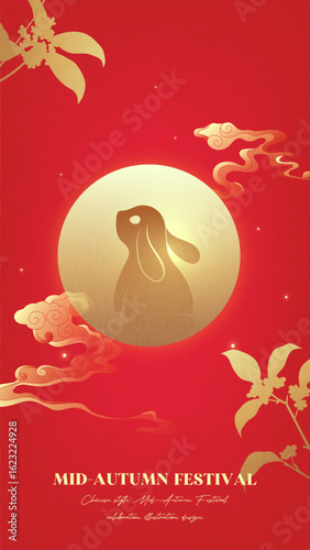 Red Chinese Mid-Autumn Festival blessing full moon and rabbit vertical illustration