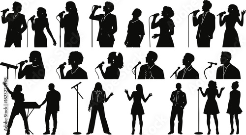 Singing People Silhouette Set – Black Vector Collection of Vocalist Poses and Performers