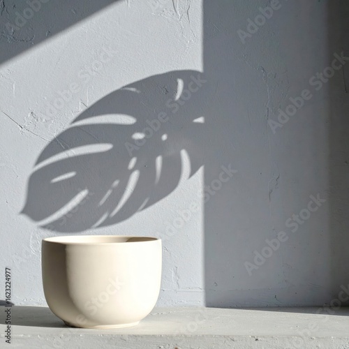 Minimalist White Ceramic Vase With Monstera Leaf Shadow On Concrete Ledge