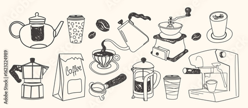 Handdrawn coffee illustrations in chalk and crayon style. Mi nimalist vector line art perfect for menus, invitations, packaging, and social media. Perfect for La Dolce Vita–themed designs.