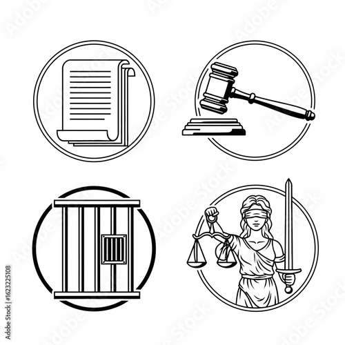 Justice Symbols Gavel Scales Scroll and Prison Cell