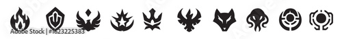 blacked vector badges set in silhouette style featuring futuristic tech, mystical forces, heroic emblems, mythic beasts, and celestial power, editable formats: ai, eps, jpg, png, 