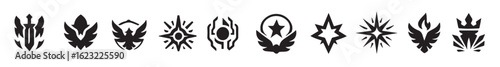 vector badges set in silhouette style featuring futuristic tech, mystical forces, heroic emblems, mythic beasts, and celestial power, editable formats: ai, eps, jpg, png, 