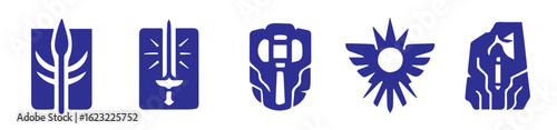 vector badges in solid silhouette style blending ancient mysticism with futuristic tech, stone tablets, circuit lines, halos, celestial symbols, weapons, wings, and sacred geometry, 