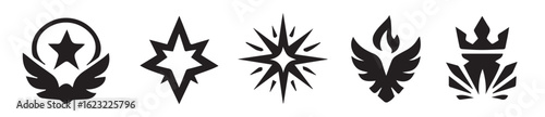 vector badges set in silhouette style featuring futuristic tech, mystical forces, heroic emblems, mythic beasts, and celestial power, editable formats: ai, eps, jpg, png, 