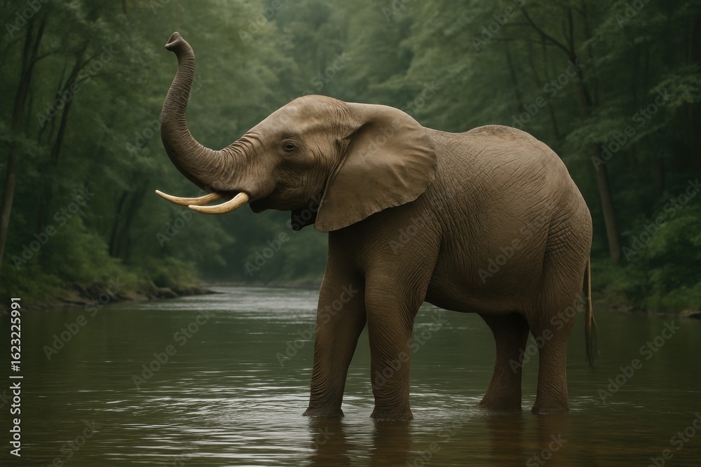 Obraz premium Majestic Elephant in River: An impressive elephant gracefully wades through the serene waters of a river, its trunk held high in a gesture of greeting and power.