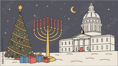 Christmas tree and Hanukkah menorah with a capitol building in snow. Winter holiday season celebration.