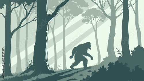 Bigfoot Sasquatch silhouette in mysterious foggy forest. Cryptid creature walking in dark woods, legend of the wild.