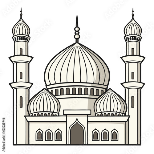 Cream mosque with domes and tall minarets architecture
