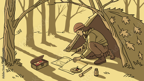 Man in forest with map and compass at camp, planning outdoor survival adventure. Bushcraft, wilderness exploration.