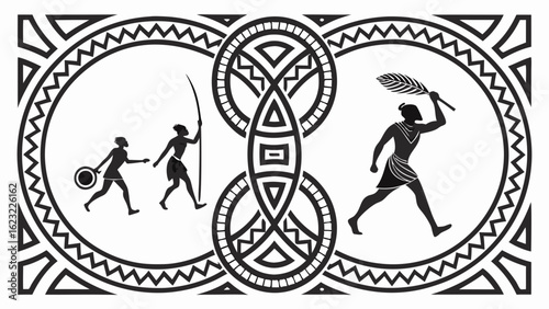Human evolution and ancient tribal culture vector art. Primitive man history, warrior silhouette, and ethnic pattern design.
