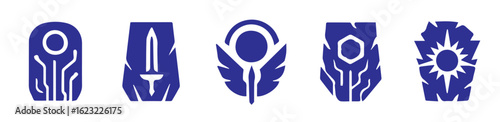 colored vector badges in solid silhouette style blending ancient mysticism with futuristic tech, stone tablets, circuit lines, halos, celestial symbols, weapons, wings, and sacred geometry, 
