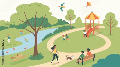 Happy families and children enjoying outdoor recreation activities in a vibrant green park with a playground and river