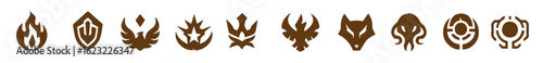 vector badges set in silhouette style featuring futuristic tech, mystical forces, heroic emblems, mythic beasts, and celestial power, editable formats: ai, eps, jpg, png, 