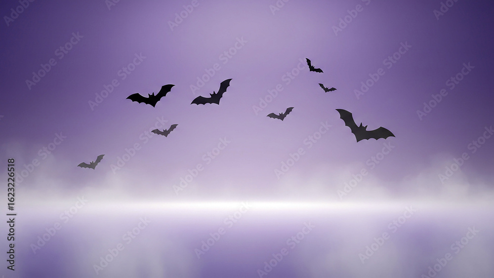 Fototapeta premium Halloween bats flying silhouette in purple sky spooky night background wallpaper vector art