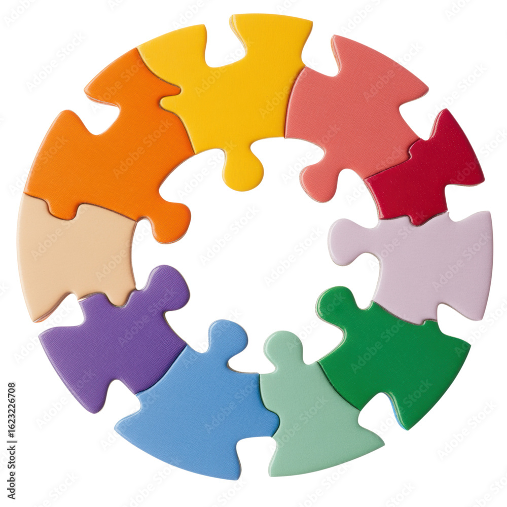 A circular arrangement of colorful puzzle pieces, each uniquely shaped and fitted together, showcasing a vibrant palette. A circular arrangement of colorful puzzle pieces, each uniquely shaped and fitted together, showcasing a vibrant palette.